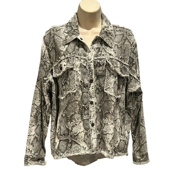 ZARA Snake Print Raw Hem Studded Rhinestones Denim Jean Oversize Jacket - Picture 2 of 12